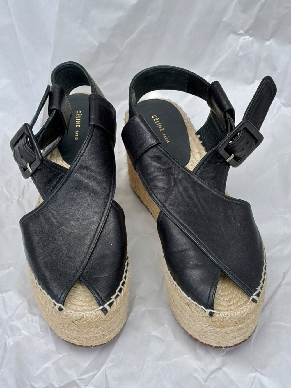 CELINE Paris Phoebe Philo Black Leather Cross Espadrille Wedge Sandals 37